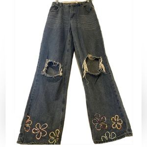 Embroidered wide leg jeans